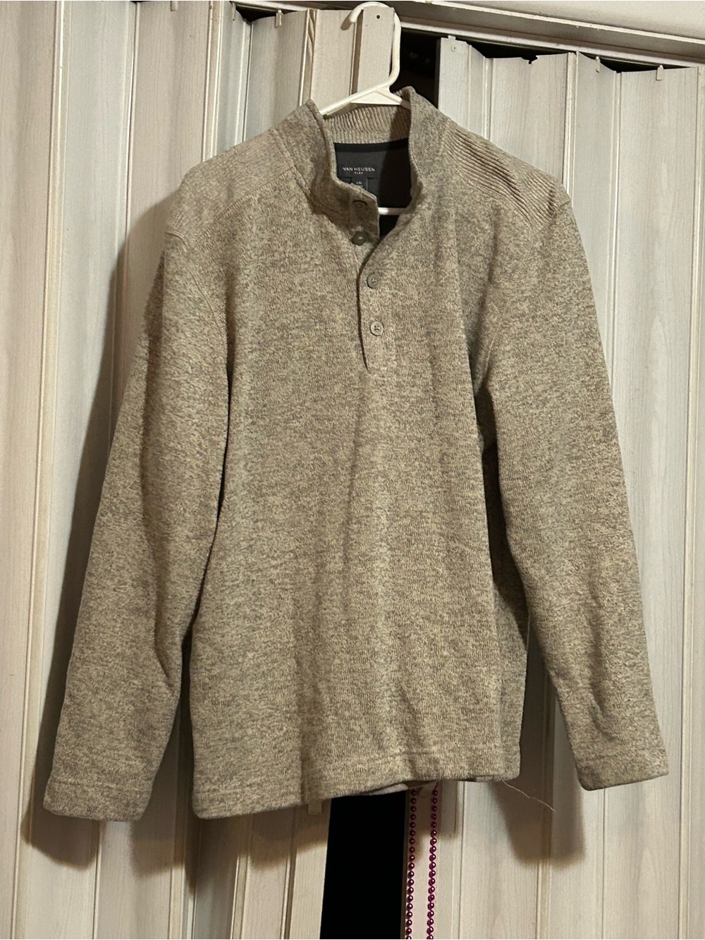 Van Heusen Men’s Heathered Taupe Stand‑Collar Quarter‑Placket Sweater
